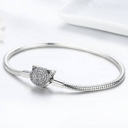 925 Sterling Silver Bracelet with Cat Head Charm, 17cm for Women