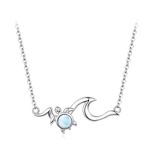 Collier femme en argent sterling 925 avec pierre de mer et pavé CZ, 40+5cm, plaqué or blanc