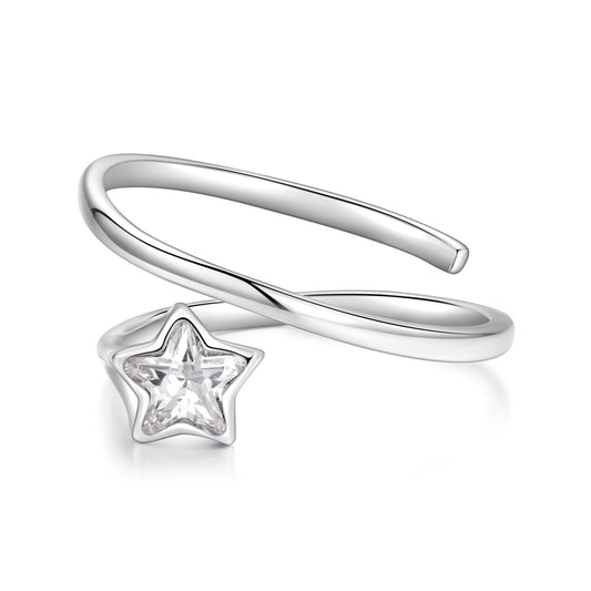925 Sterling Silver White Gold Plated Pavé CZ Star Ring for Women
