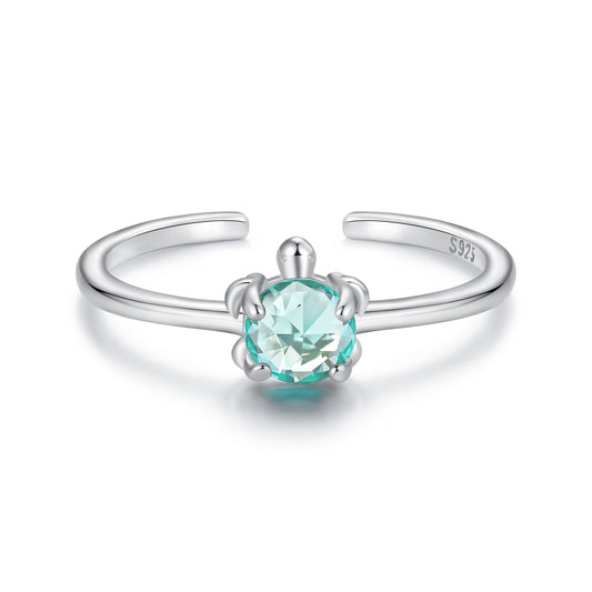 925 Sterling Silver White Gold Plated Transparent Glass Turtle Ring
