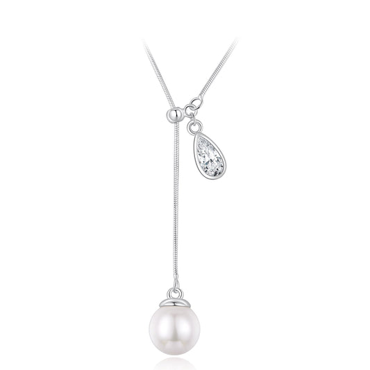 925 Sterling Silver Necklace with Synthetic Pearl and CZ in White Gold, 48+5cm for Women