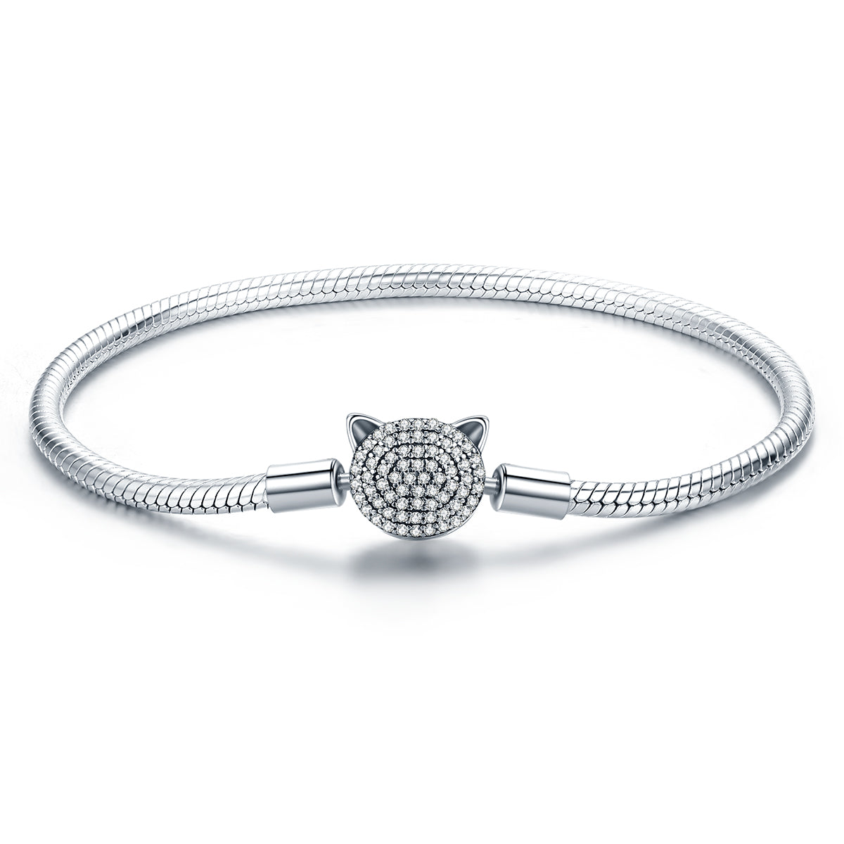 925 Sterling Silver Bracelet with Cat Head Charm, 17cm for Women