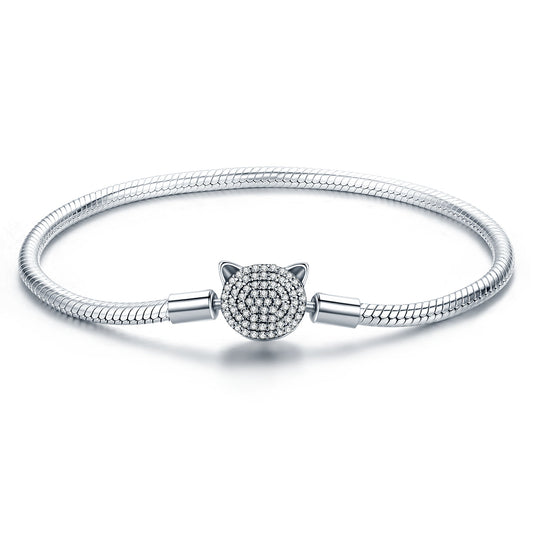 925 Sterling Silver Bracelet with Cat Head Charm, 17cm for Women
