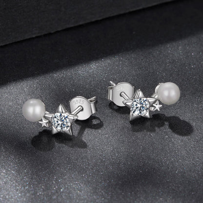 925 Sterling Silver 0.20 Carat Moissanite Earrings with Synthetic Pearl for Women
