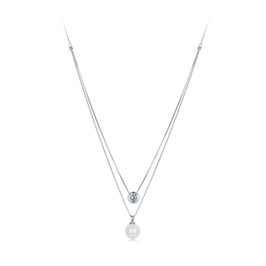925 Sterling Silver Moissanite & Quality Shell Pearl Necklace for Women - 40+5cm, White Gold Plated