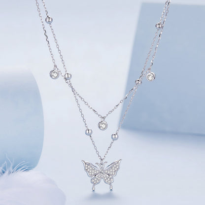 925 Sterling Silver Butterfly Necklace with Pavé Setting CZ, 40cm Length for Women