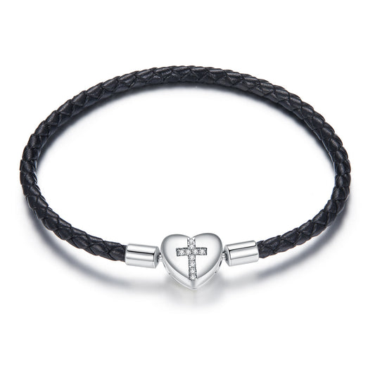 925 Sterling Silver Leather 17cm Bracelet with Oxidized CZ for Women