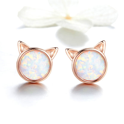 925 Sterling Silver Plated Rose Gold Opal Earrings 0.8cm for Women