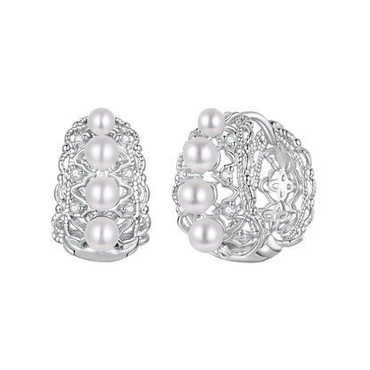 925 Sterling Silver Hoop Earrings with Synthetic Pearl and CZ, 1.1cm for Women