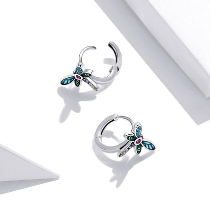 925 Sterling Silver Dragonfly Earrings with CZ and Enamel - 0.9 cm for Women