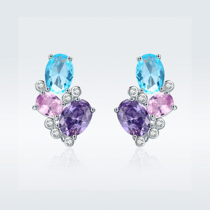 925 Sterling Silver Earrings with Transparent Glass, 1.6*1.1cm for Women