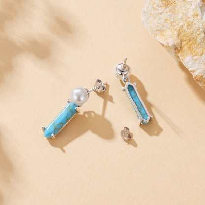 925 Sterling Silver Earrings with Synthetic Turquoise and Pearl, 2.4*0.6cm for Women