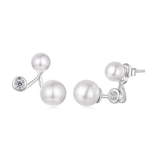 925 Sterling Silver Earrings with CZ and Synthetic Pearl, 1.7cm, White Gold Plated for Women