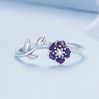 925 Sterling Silver Oxidized Flower Design Ring with Pavé Setting CZ