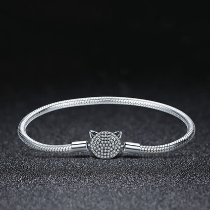 925 Sterling Silver Bracelet with Cat Head Charm, 17cm for Women