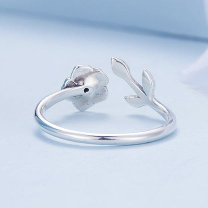 925 Sterling Silver Oxidized Flower Design Ring with Pavé Setting CZ