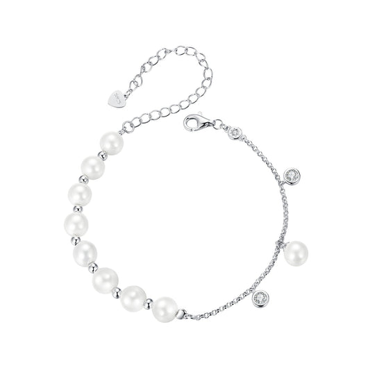 925 Sterling Silver 15+6cm White Gold Plated Bracelet with Quality Shell Pearl & CZ for Women