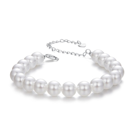 925 Sterling Silver Adjustable White Gold Plated Bracelet with Synthetic Pearl for Women