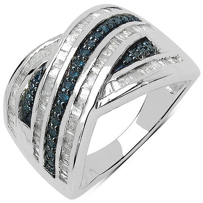 1.02 Carat Genuine Blue Diamond & White Diamond .925 Sterling Silver Ring