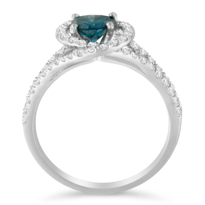 14K White Gold 1-1/3 Cttw White & Blue Diamond Interweaving Double Halo Cocktail Statement Ring (G-H and Fancy Blue Color, SI2-I1 Clarity) - Size 6