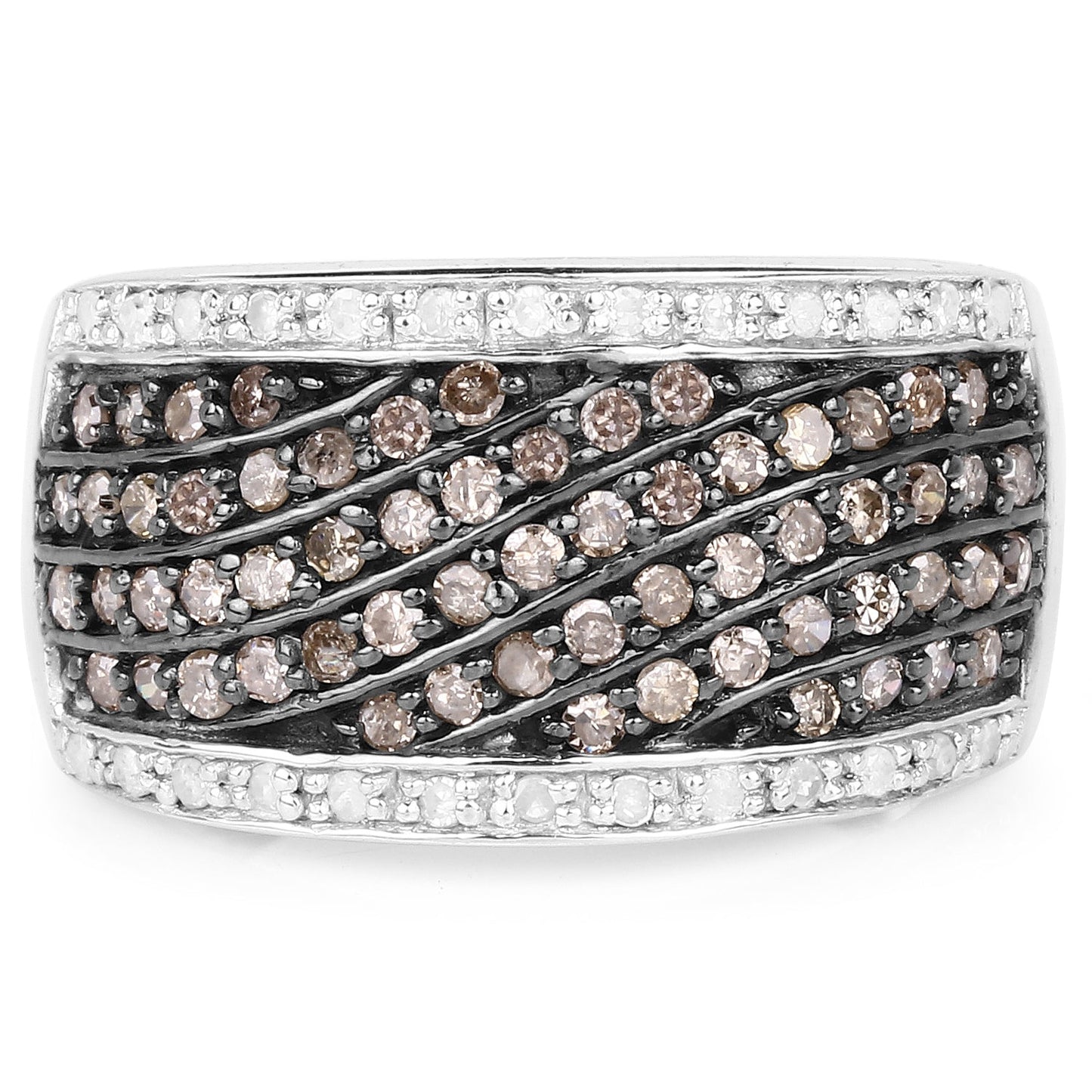 0.87 Carat Genuine Champagne Diamond and White Diamond .925 Sterling Silver Ring