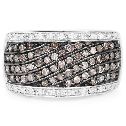 0.87 Carat Genuine Champagne Diamond and White Diamond .925 Sterling Silver Ring