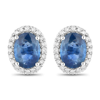 2.16 Carat Genuine Blue Sapphire and White Diamond 14K White Gold Earrings
