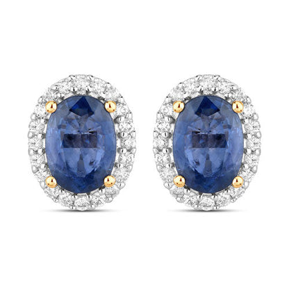 2.16 Carat Genuine Blue Sapphire and White Diamond 14K Yellow Gold Earrings