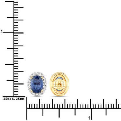 2.16 Carat Genuine Blue Sapphire and White Diamond 14K Yellow Gold Earrings