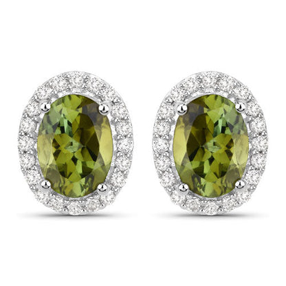 1.92 Carat Genuine Green Tourmaline and White Diamond 14K White Gold Earrings