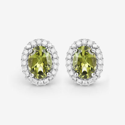 1.92 Carat Genuine Green Tourmaline and White Diamond 14K White Gold Earrings