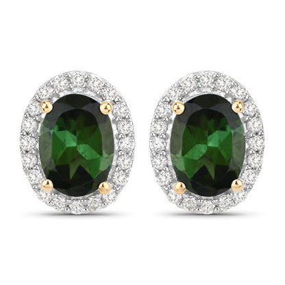 1.92 Carat Genuine Green Tourmaline and White Diamond 14K Yellow Gold Earrings