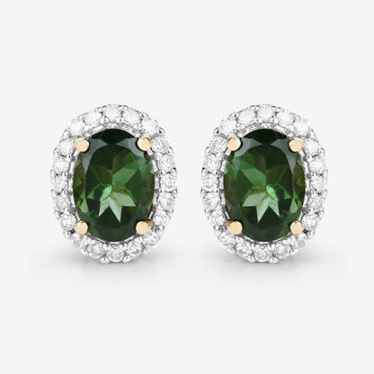 1.92 Carat Genuine Green Tourmaline and White Diamond 14K Yellow Gold Earrings