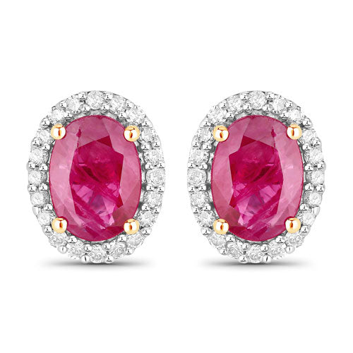 1.96 Carat Genuine Ruby and White Diamond 14K Yellow Gold Earrings