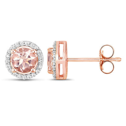 0.93 Carat Genuine Morganite and White Diamond 14K Rose Gold Earrings