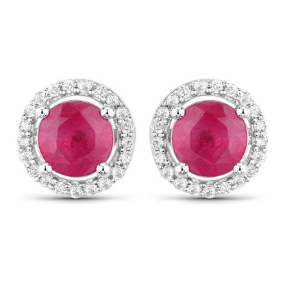 1.22 Carat Genuine Ruby and White Diamond 14K White Gold Earrings