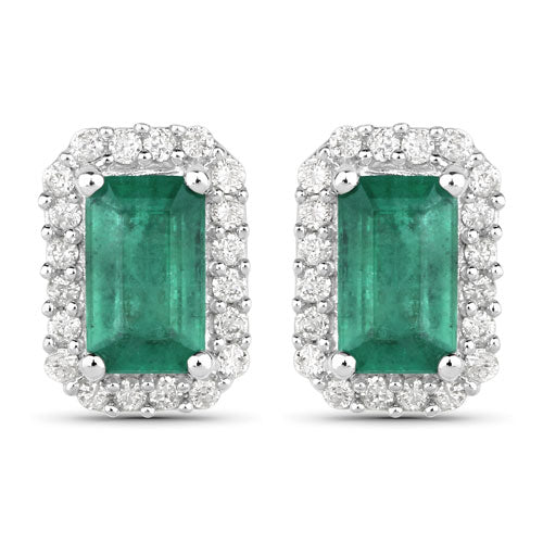 0.91 Carat Genuine Zambian Emerald and White Diamond 14K White Gold Earrings