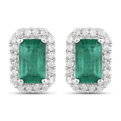 0.91 Carat Genuine Zambian Emerald and White Diamond 14K White Gold Earrings