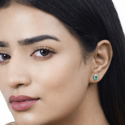 0.91 Carat Genuine Zambian Emerald and White Diamond 14K White Gold Earrings