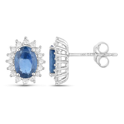 2.22 Carat Genuine Blue Sapphire and White Diamond 14K White Gold Earrings