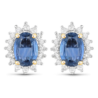 2.22 Carat Genuine Blue Sapphire and White Diamond 14K Yellow Gold Earrings
