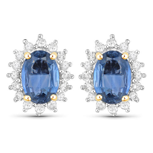 Boucles d'oreilles en or jaune 14 carats avec saphir bleu véritable de 2,22 carats et diamants blancs