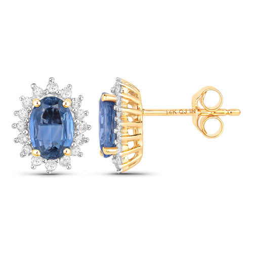 2.22 Carat Genuine Blue Sapphire and White Diamond 14K Yellow Gold Earrings