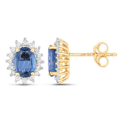 2.22 Carat Genuine Blue Sapphire and White Diamond 14K Yellow Gold Earrings