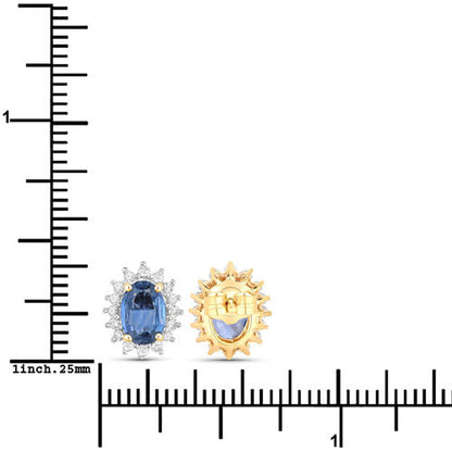 2.22 Carat Genuine Blue Sapphire and White Diamond 14K Yellow Gold Earrings