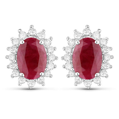 2.02 Carat Genuine Ruby and White Diamond 14K White Gold Earrings