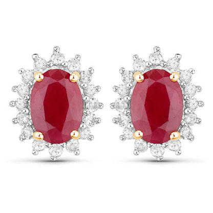 2.02 Carat Genuine Ruby and White Diamond 14K Yellow Gold Earrings