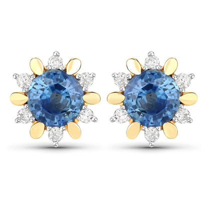 1.87 Carat Genuine Blue Sapphire and White Diamond 14K Yellow Gold Earrings