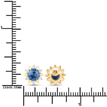 1.87 Carat Genuine Blue Sapphire and White Diamond 14K Yellow Gold Earrings