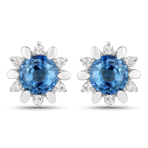 1.87 Carat Genuine Blue Sapphire and White Diamond 14K White Gold Earrings